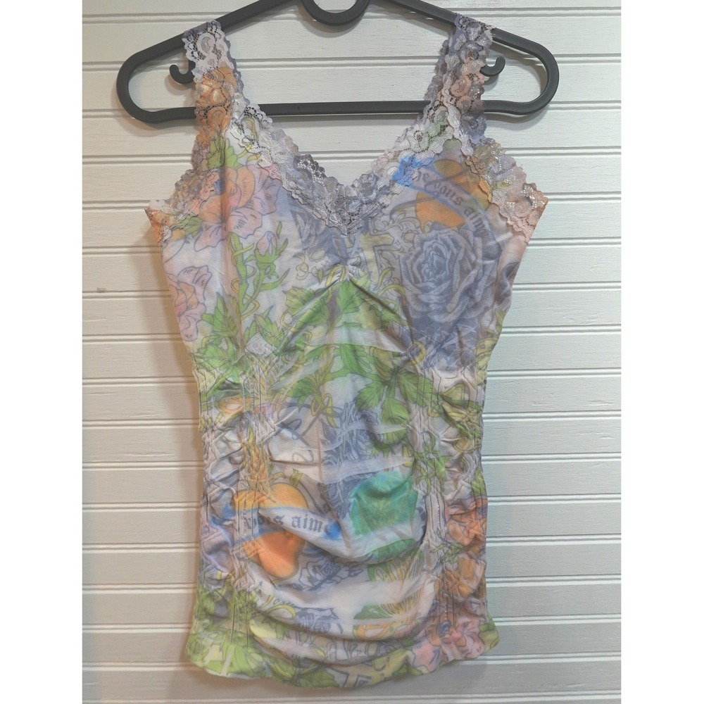 Y2K Lace Tank Top Women's One Size Fits All (Small to Large) Stretch Ruched 90s